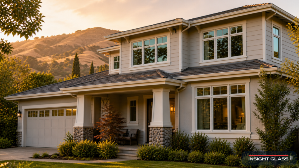 Walnut Creek or Lafayette home in Contra Costa County with newly installed energy-efficient windows in golden-hour late-afternoon light against a foothill backdrop.