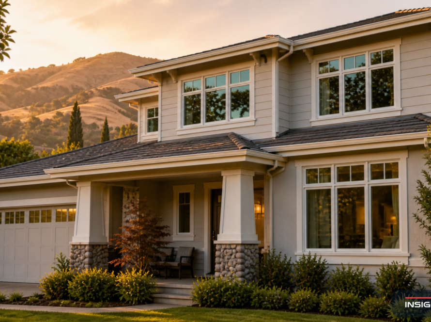 Walnut Creek or Lafayette home in Contra Costa County with newly installed energy-efficient windows in golden-hour late-afternoon light against a foothill backdrop.