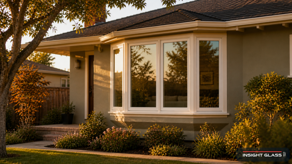 Bay Area home exterior with a newly installed 4-lite canted bay window in golden-hour light, showing clean, angled sidelites and a small custom roof above.
