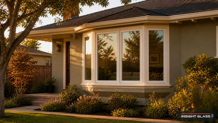 Bay Area home exterior with a newly installed 4-lite canted bay window in golden-hour light, showing clean, angled sidelites and a small custom roof above.