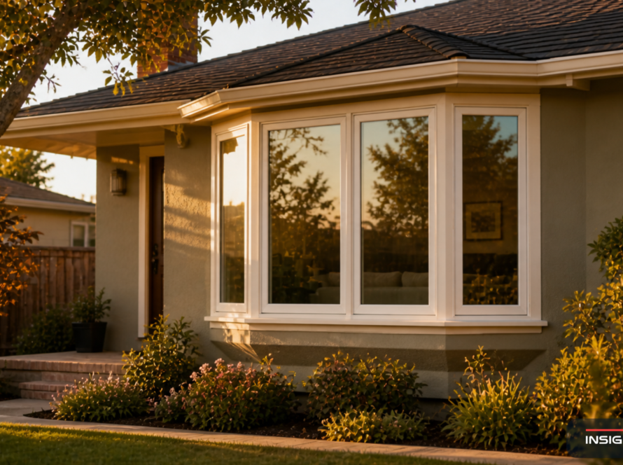 Bay Area home exterior with a newly installed 4-lite canted bay window in golden-hour light, showing clean, angled sidelites and a small custom roof above.