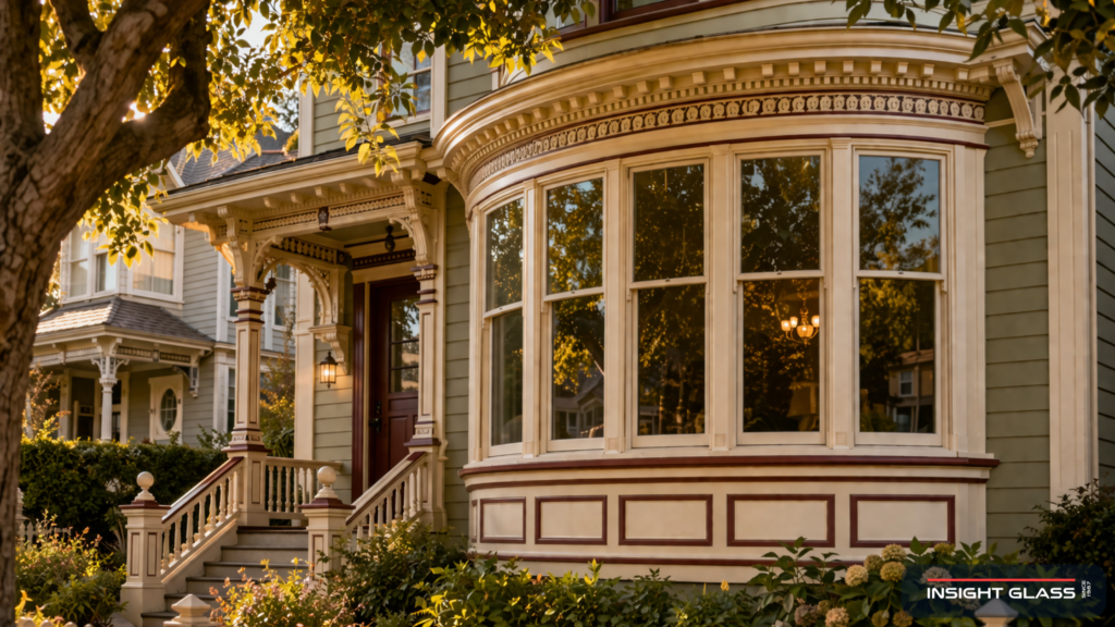 Bay Area Victorian home with a curved 5-lite bow window assembly on the front elevation in golden-hour late-afternoon light.