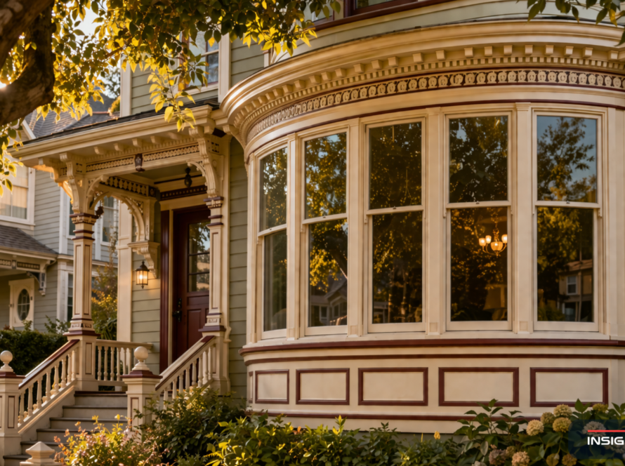 Bay Area Victorian home with a curved 5-lite bow window assembly on the front elevation in golden-hour late-afternoon light.