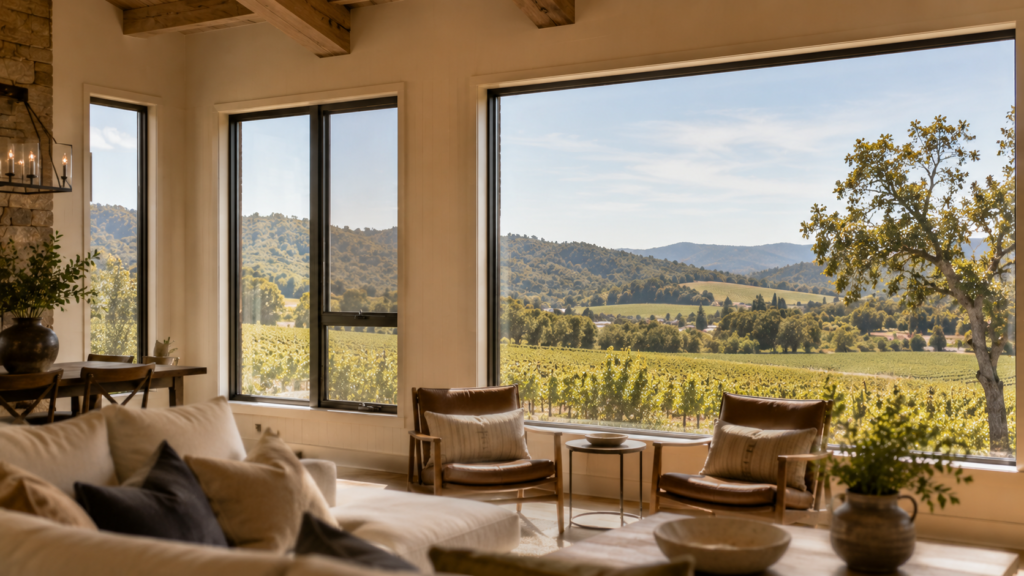 Energy-efficient Low-E windows framing vineyard views in a Napa Valley home