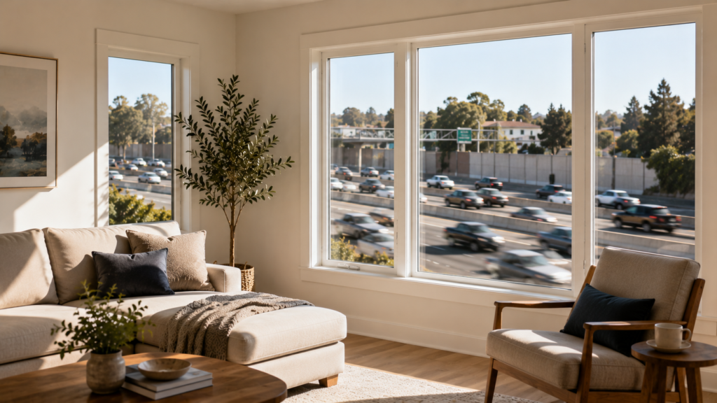 Best windows for noise reduction installed in a quiet Bay Area living room overlooking busy street traffic