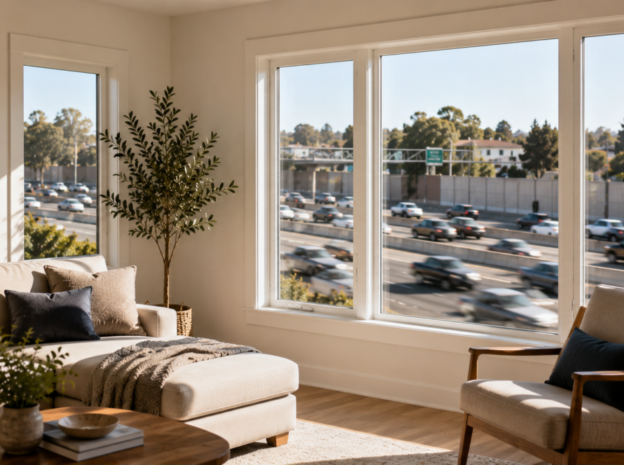 Best windows for noise reduction installed in a quiet Bay Area living room overlooking busy street traffic
