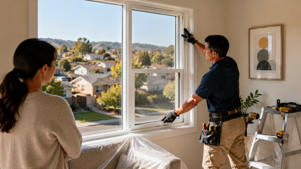 Choosing a window replacement company in Hayward, professional installing a new energy-efficient window in a local home