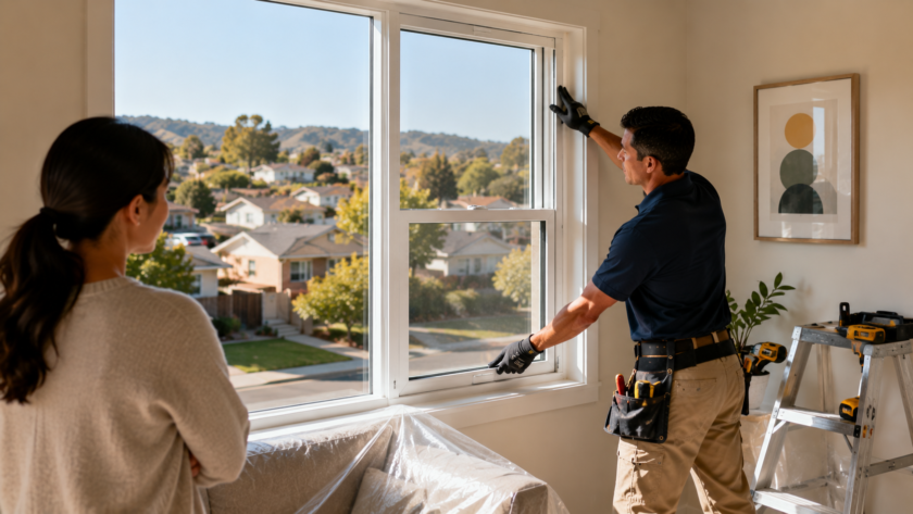Choosing a window replacement company in Hayward, professional installing a new energy-efficient window in a local home