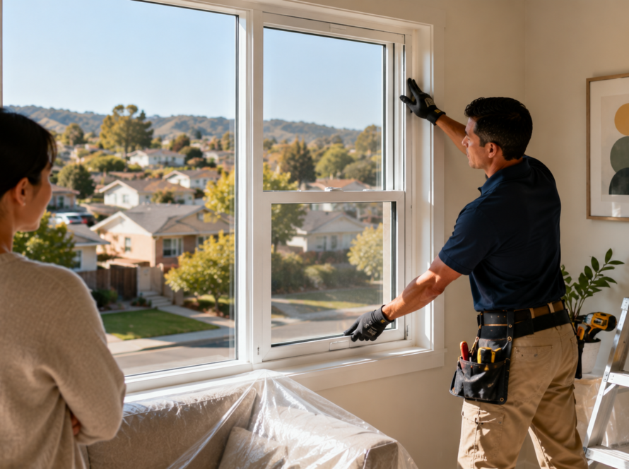 Choosing a window replacement company in Hayward, professional installing a new energy-efficient window in a local home