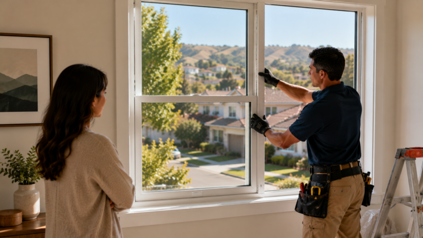 Choosing a window replacement company in Pleasanton, professional installing a new energy-efficient window in a local home