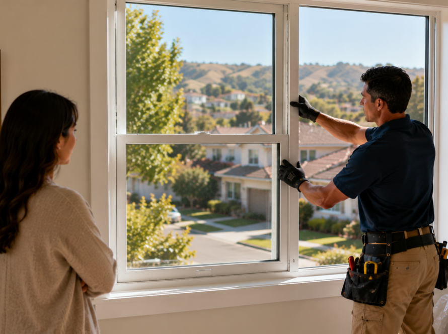 Choosing a window replacement company in Pleasanton, professional installing a new energy-efficient window in a local home