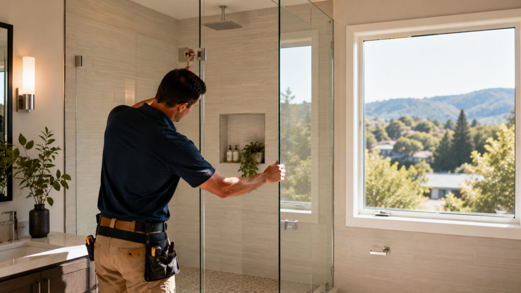 Professional glass installation in a Walnut Creek home featuring a frameless tempered glass shower enclosure.