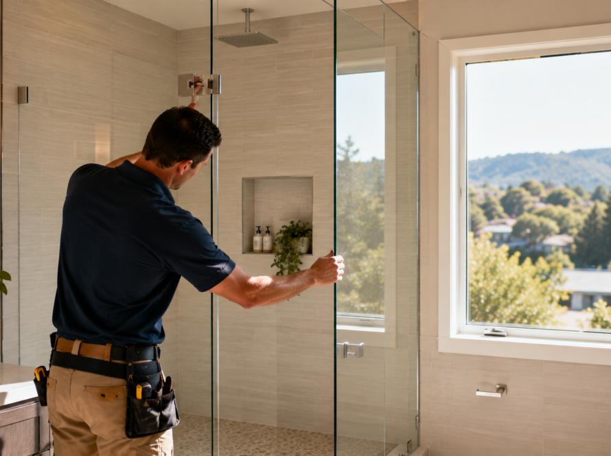 Professional glass installation in a Walnut Creek home featuring a frameless tempered glass shower enclosure.