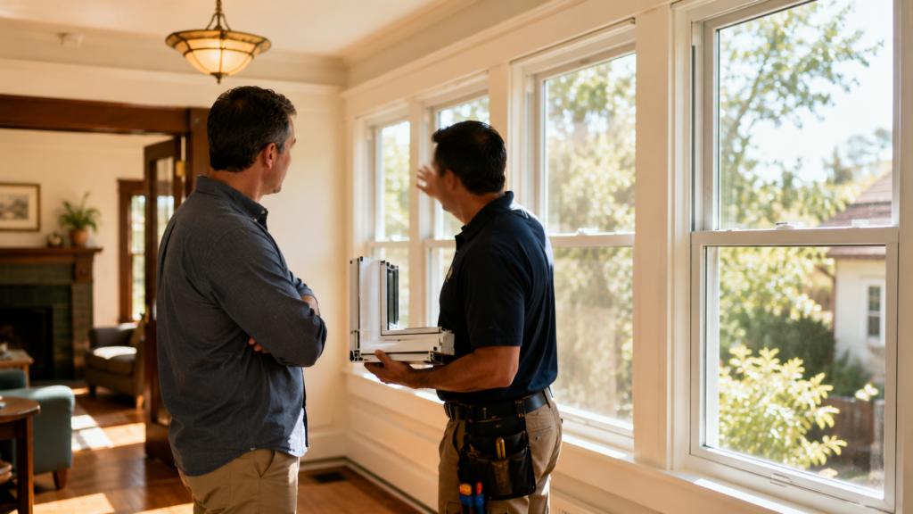 Homeowner comparing home window replacement options with an Oakland window company during a free in-home estimate.
