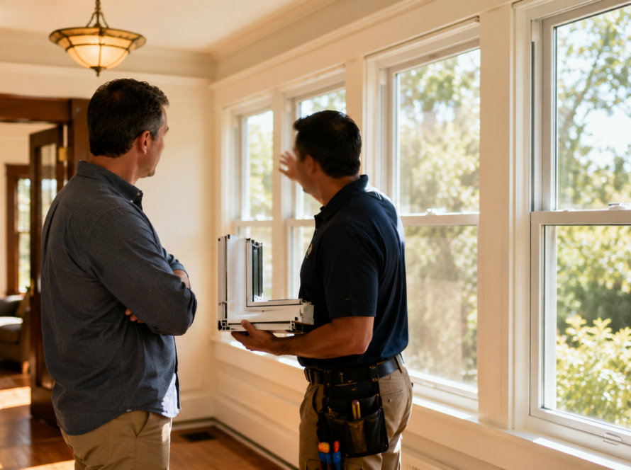 Homeowner comparing home window replacement options with an Oakland window company during a free in-home estimate.