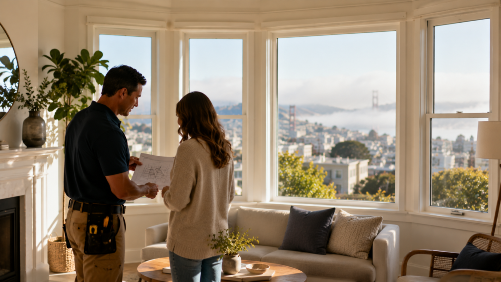 Homeowner choosing a licensed glass company in San Francisco during an in-home consultation
