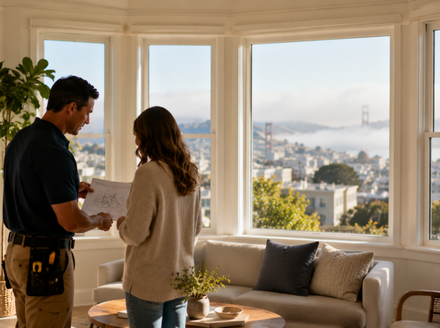 Homeowner choosing a licensed glass company in San Francisco during an in-home consultation
