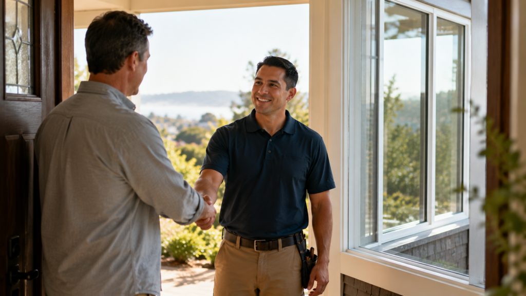 Bay Area homeowner choosing a reliable, licensed window replacement company during an in-home consultation.