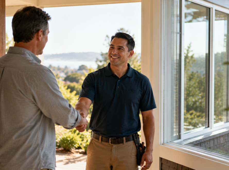 Bay Area homeowner choosing a reliable, licensed window replacement company during an in-home consultation.