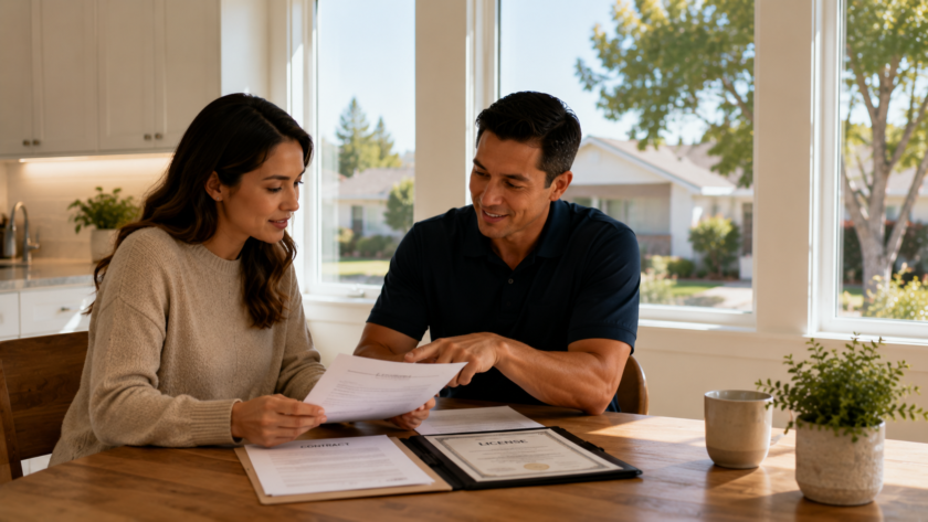 Homeowner learning how to identify a legitimate window replacement company by reviewing a contractor's license and written quote
