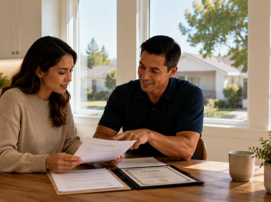 Homeowner learning how to identify a legitimate window replacement company by reviewing a contractor's license and written quote