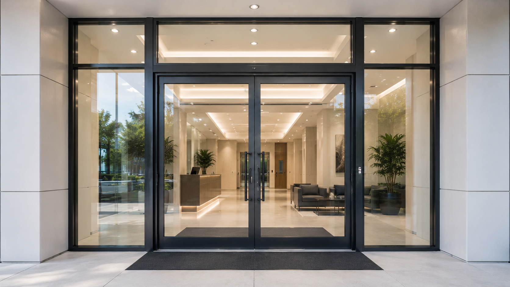 Commercial glass entrance with aluminum doors