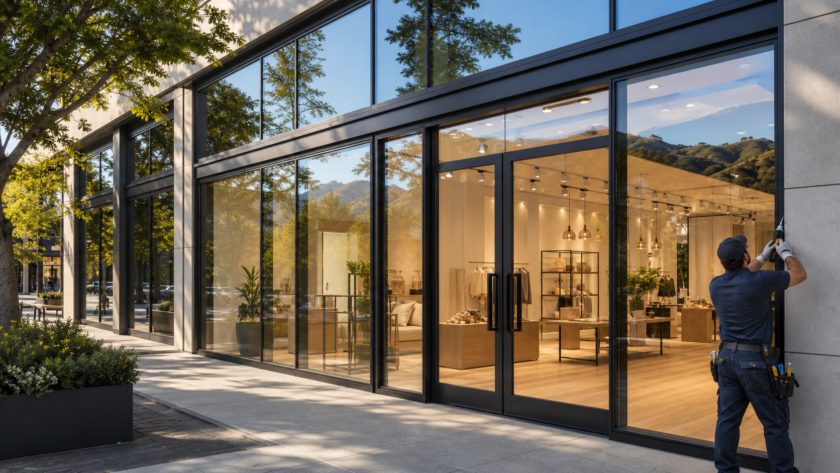 Energy-efficient storefront windows with thermally broken black aluminum frames and Low-E glass on a Bay Area commercial building by Insight Glass