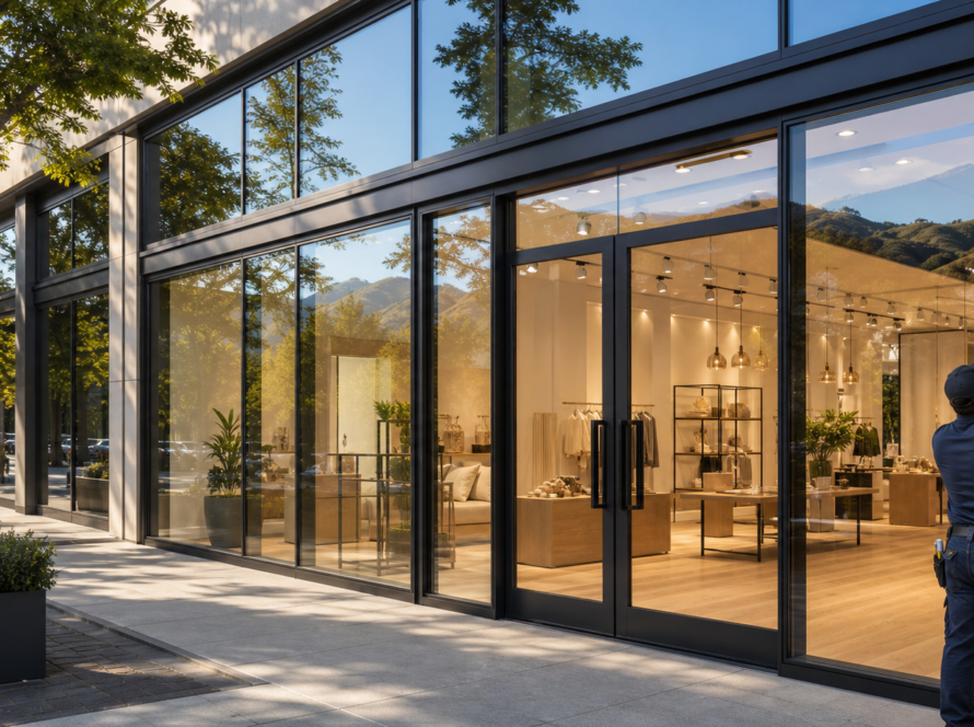 Energy-efficient storefront windows with thermally broken black aluminum frames and Low-E glass on a Bay Area commercial building by Insight Glass