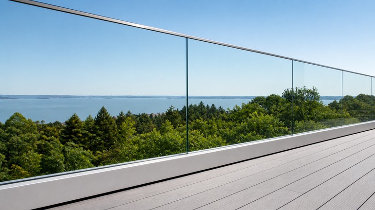 Frameless glass guardrail on a deck, seated in a continuous base shoe with a stainless top rail, built to California guard height requirements