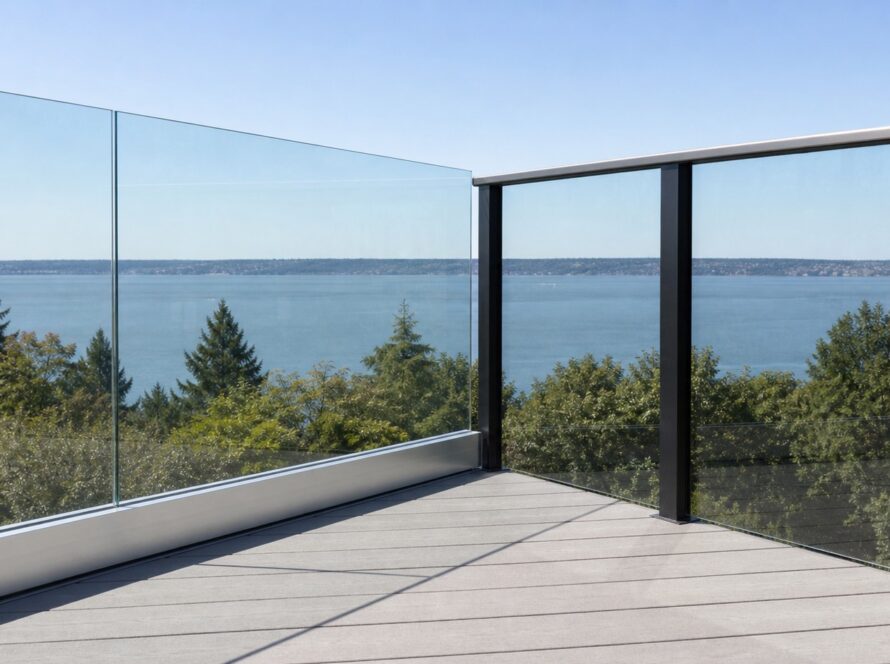 Frameless glass railing with no top rail meeting a post-supported section with a continuous cap rail at a deck corner