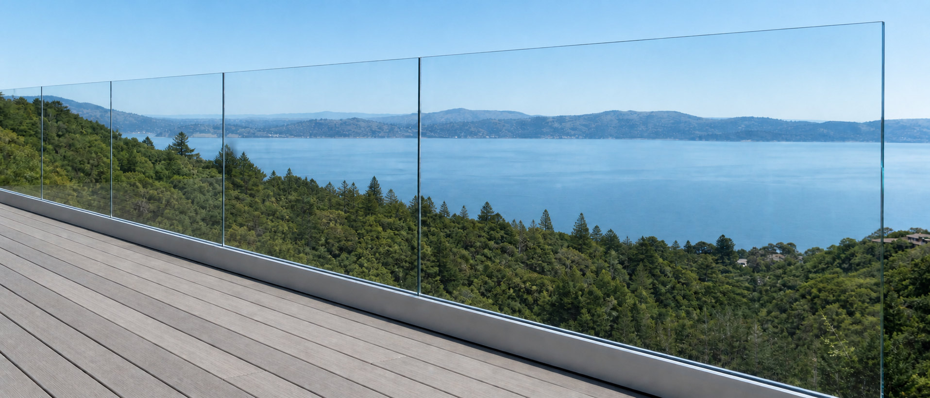 Frameless glass railing on a Bay Area deck with an open view