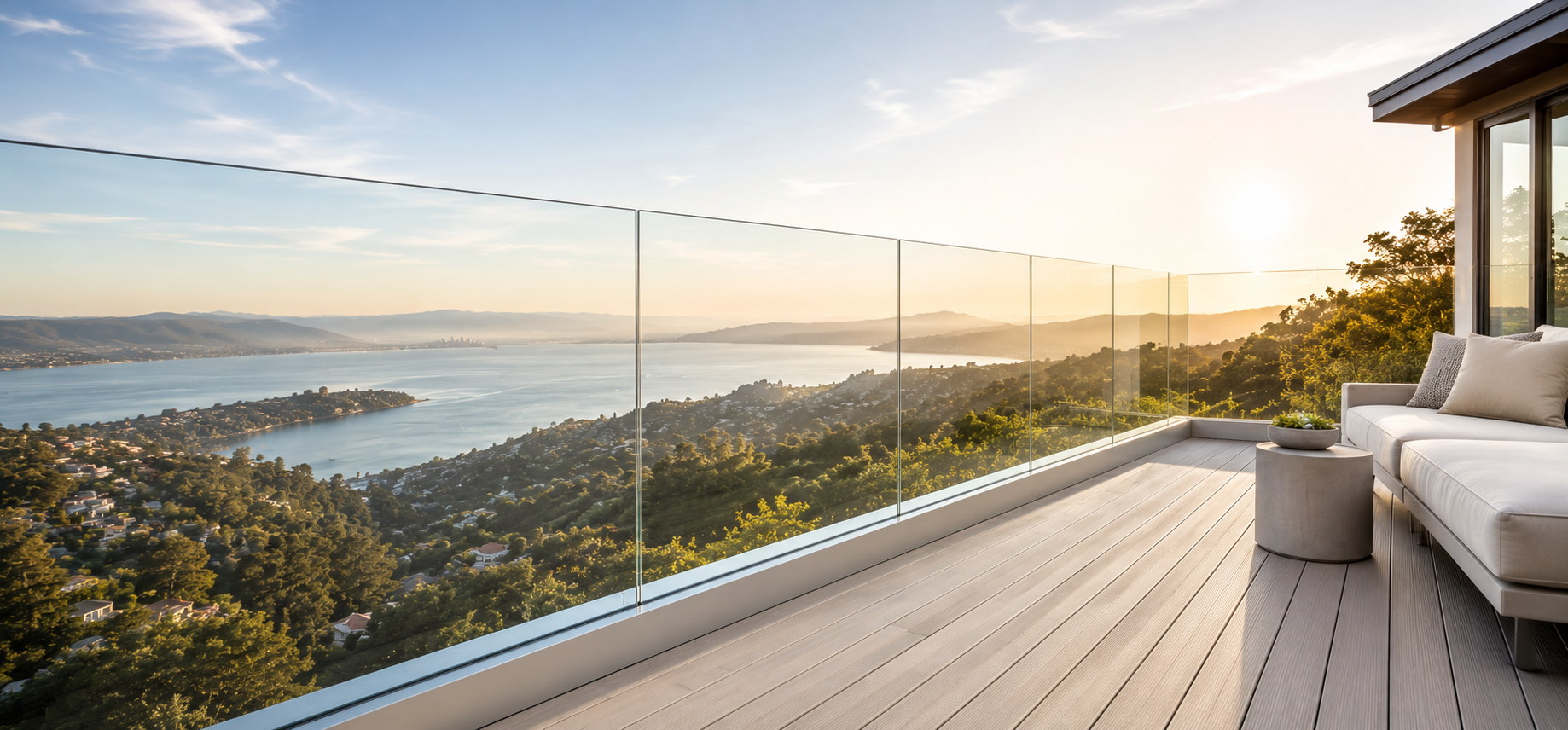 Frameless glass deck railing overlooking the Bay