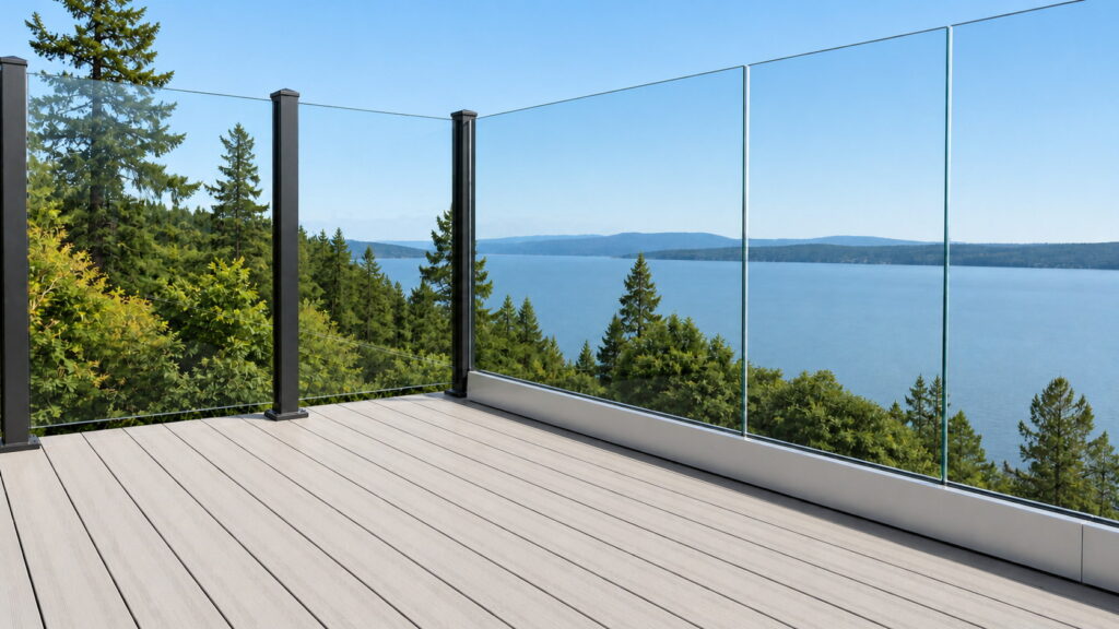 Post-supported and frameless glass railing systems meeting at a deck corner, showing the difference in visible hardware