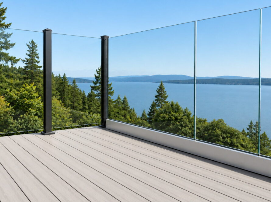 Post-supported and frameless glass railing systems meeting at a deck corner, showing the difference in visible hardware