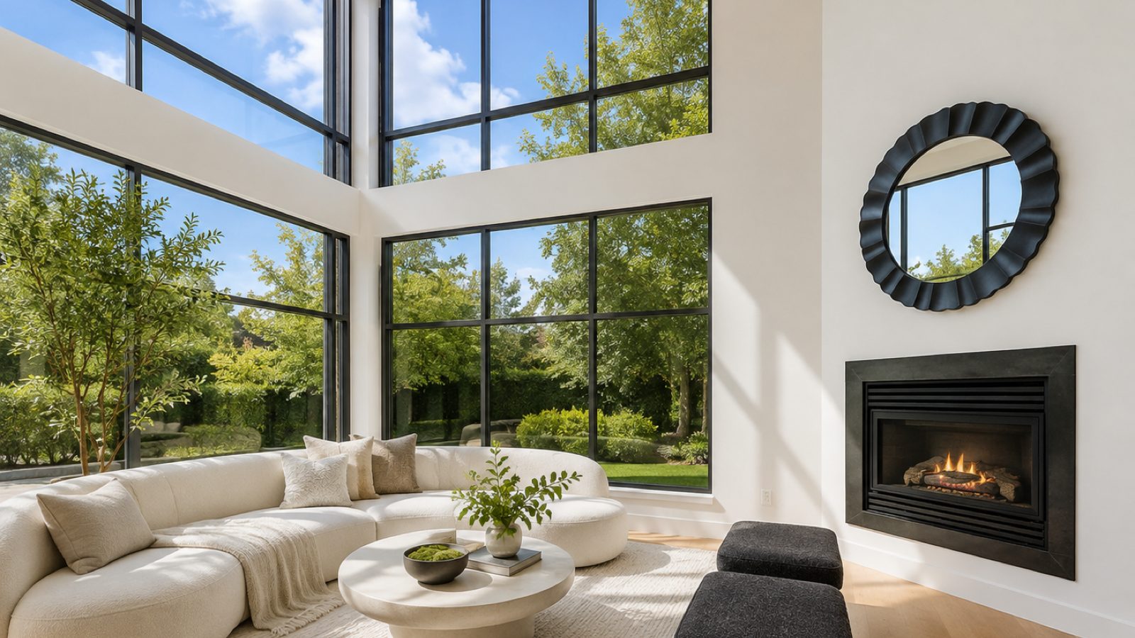 Modern Bay Area living room with floor-to-ceiling black aluminum-framed windows installed by Insight Glass