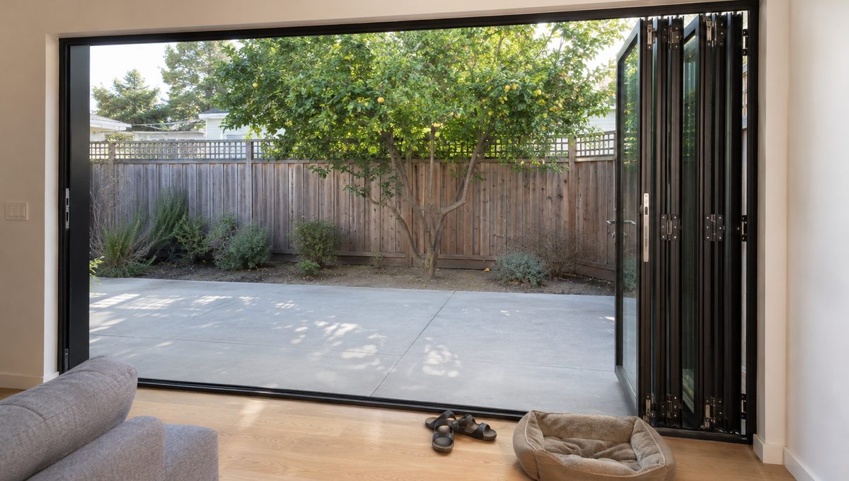 Bi-fold glass doors folded open from a living room to a Bay Area patio