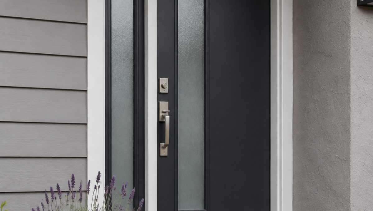 Modern charcoal entry door with frosted glass sidelight on a Bay Area home