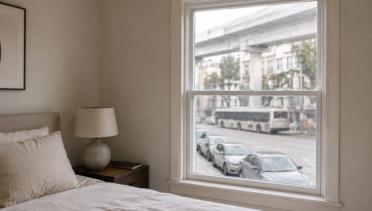 Soundproof double-hung window in a Bay Area bedroom overlooking a busy street