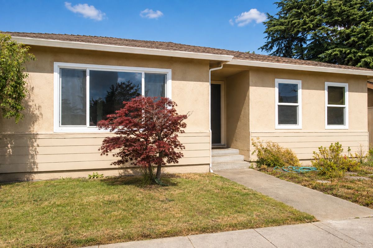 Single-story Bay Area home with white vinyl replacement windows installed by Insight Glass