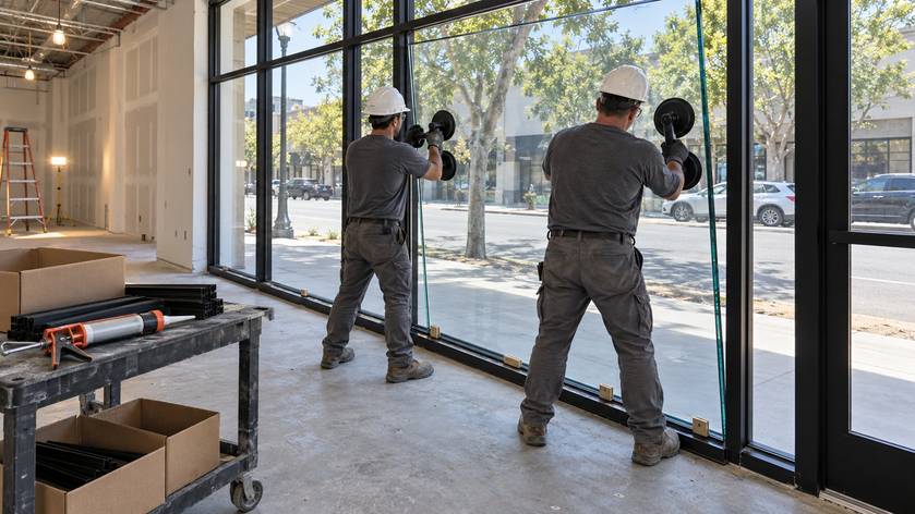 Glaziers installing a glass panel from inside a commercial storefront in the Bay Area