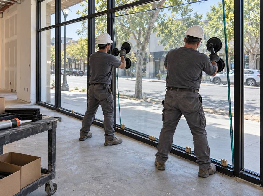 Glaziers installing a glass panel from inside a commercial storefront in the Bay Area