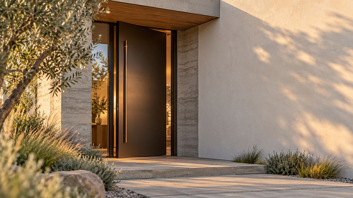 Bronze pivot entry door standing open in a board-formed concrete entry on a Bay Area home, with olive trees and drought-tolerant planting in evening light