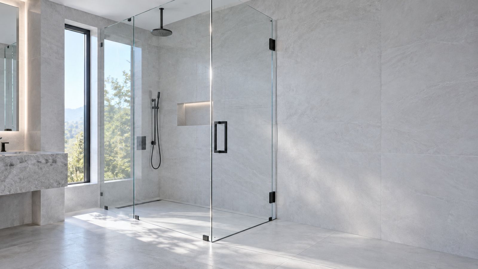 Frameless glass shower enclosure with slim matte black hardware in a modern Bay Area bathroom, lit by soft morning daylight